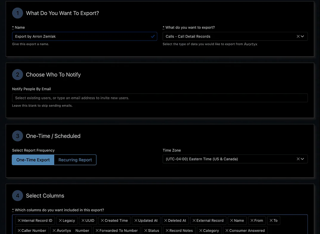 Export wizard for one-time or recurring call exports with column selection and email notification